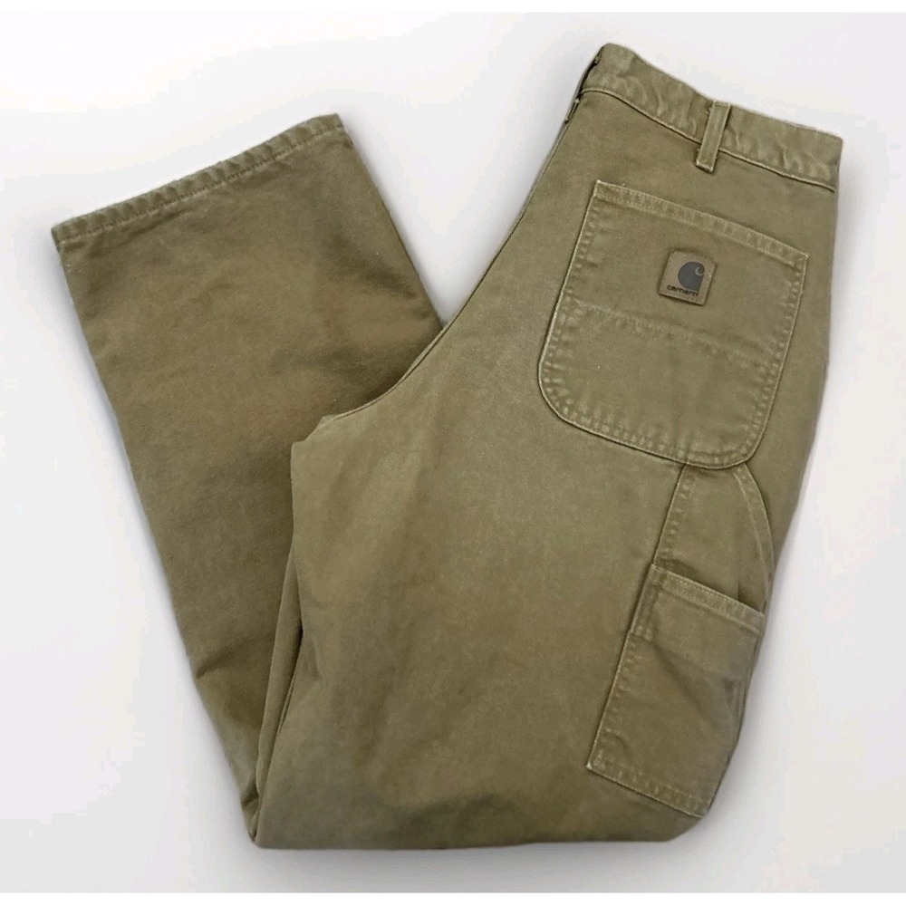 Carhartt Duck Flannel Lined Pants Brown Dungaree 34x32 Loose Straight  Pockets